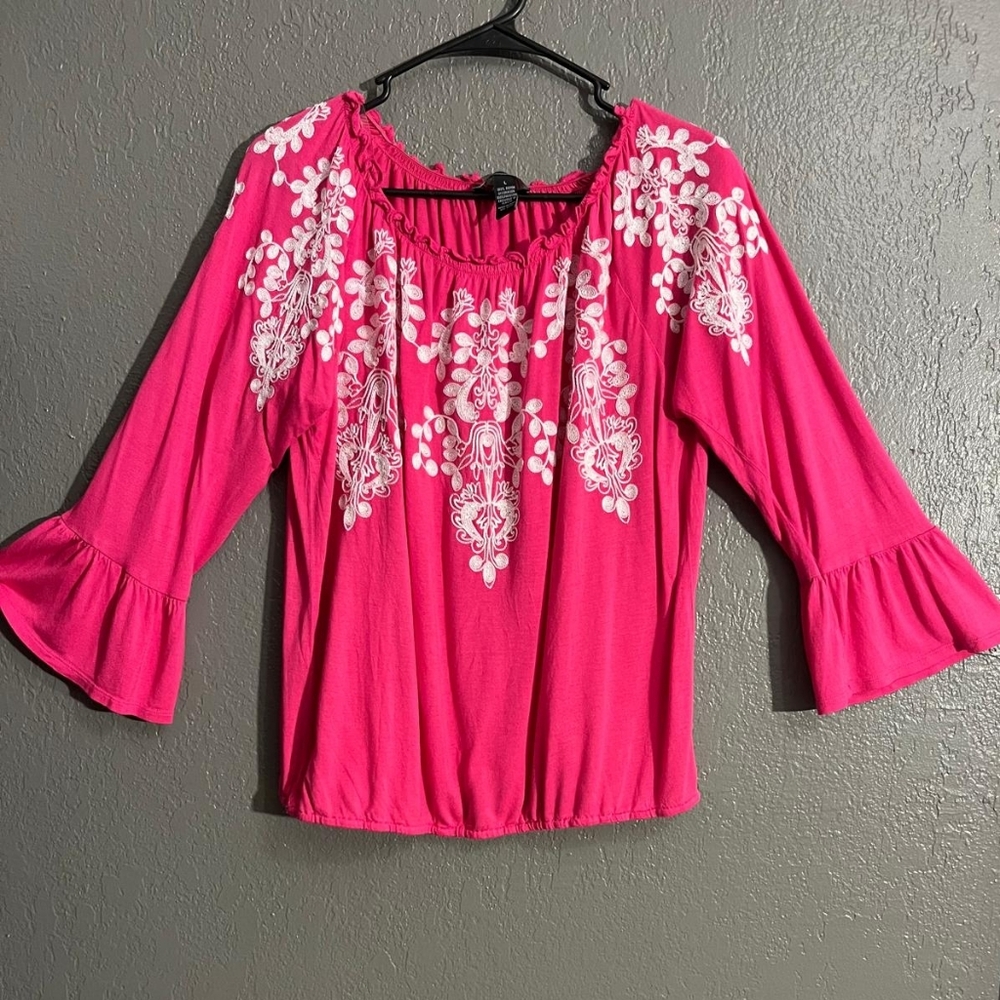 INC International Concepts Fuchsia Blouse with White Embroidery